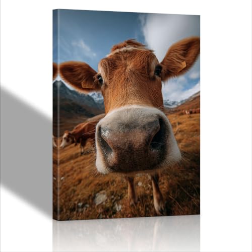 ALMLZL Cow Canvas Wall Art, Farmhouse Animal Wall Decor, Brown Cow in Mountain Landscape Canvas Print, Rustic Countryside Farm Animal Painting for Home Living Room Bedroom Kitchen Office Decor, 16x24 Inch