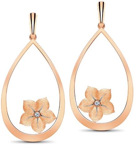 Diamond (0.04 Ct, J, SI, Round), 18K Rose Gold Open-pear Floral Drop Earrings