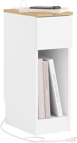 SoBuy Mesita de noche estrecha con estación de carga, mesita de noche delgada con cajones, puertos USB y tipo C para dormitorio y sala de estar,