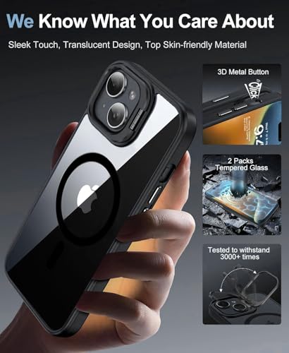 Image of VONZEE Clear Camera Kickstand Case for iPhone 15, Built-in Adjustable Camera Stand, Clear Magnetic Mag-Safe Shockproof Classic Series Phone Cover (Black)