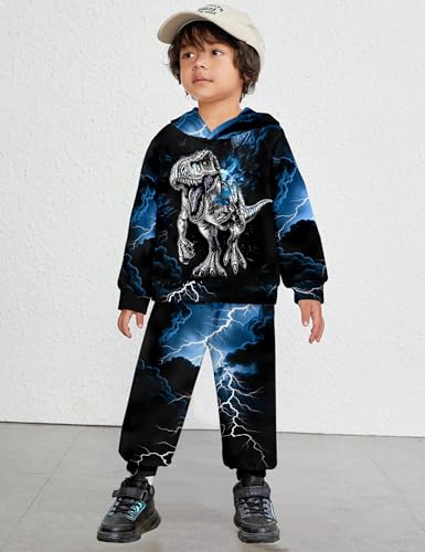 Image of Boys Clothes, T-Rex Print Dinosaur Boy Clothes Fall Winter Outfits Long-sleeved Hooded Sweatshirt Pants 2Pcs Set