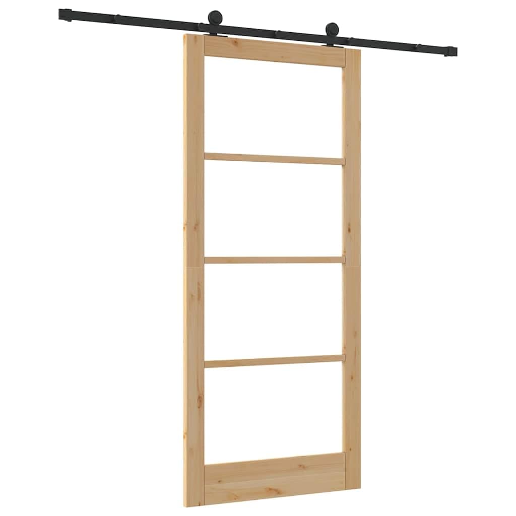 Drzwi przesuwne ORKDAL naturalne 93 x 211 cm lite drewno sosnowe i szkło z systemem przesuwnym, nowoczesne drewniane drzwi szklane do wnętrz, ciche przesuwanie, trwała konstrukcja