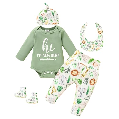 Image of GRNSHTS Newborn Baby Boy Clothes Letter Print Romper+Animal Pants+Mouth watering towel+Socks With Hat Coming Home Outfits