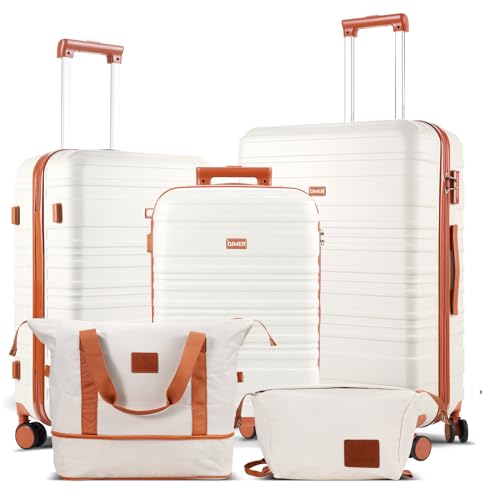 5 Piece Luggage Set, 100% PC Hardside Luggage with Spinner Wheels, Suitcase withTsa Approved Lock, Lightweight Travel for Men and Women, Beige (20/24/28/DB/TB)