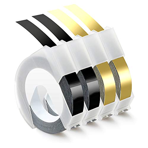 Airmall kompatible Prägeband als Ersatz für Dymo 3D Kunststoff Prägebändern 9mm x 3m Klebendes Vinyl-Präge Etiketten Für Dymo Junior Omega Etikettenprägegerät, (2x Weiß auf Schwarz, 2x Weiß auf Gold)