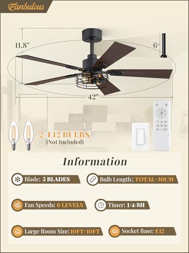 Fanbulous 2 Pack Farmhouse 42 Inch Ceiling Fans with Lights, Black Industrial Caged Ceiling Fans for Bedroom Living Room, Double-Sided 5 Blades Rustic Ceiling Fan - Image 6