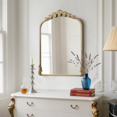 Image of WallBeyond Gold Antique Mirror for Vanity 22x30 Inch, Gold Vintage Mirror with Ornate Frame, Arched Vintage Wall for Bathroom, Living Room, Fireplace