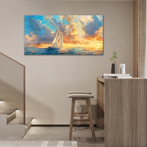 Mecowcm 30x60 inch Large Ocean Sailboat Wall Art Blue Coastal Pictures Wall Décor Abstract Ocean Canvas Print Painting Artwork Modern Home Decoration for Living Room Bedroom Office - Image 6