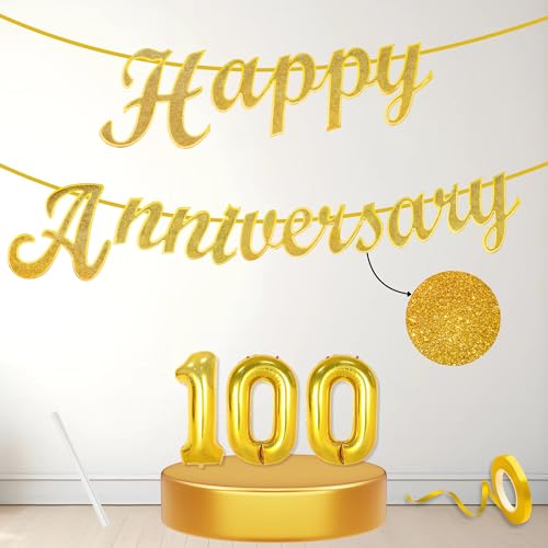 Image of Flyloons 100th Happy Anniversary Banner Gold Decorations Kit for Men Women Wedding Anniversary Banner Items without Balloons