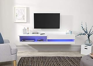 Home Source Wall Mounted TV Storage Unit with LED Lighting and High Gloss Finish, White, 150cm