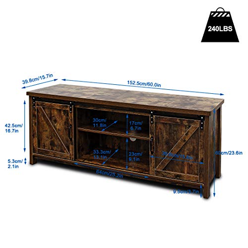 Bizzoelife 60 Inch Barn Door TV Stand Entertainment Center - New Farmhouse Style Sliding TV Cabinet, Living Room Wood Storage Media Console Table with 2 Center Compartments and 2 Cabinets (Rustic)