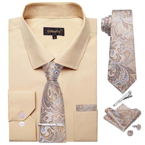 DiBanGu Mens Long Sleeve Dress Shirt and Tie Set Casual Botton Down Shirts for Men Solid Business Shirt with Matching Tie