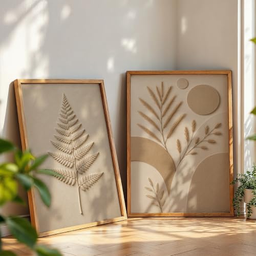 Image of NoWorries Minimal Botanical Wall Painting Set of 2 with Frame | Neutral Beige Fern Leaf & Pampas Grass Abstract Artwork, Soft Nature Wall Decor for Living Room, Bedroom, Office and Home Decoration (Art-6, 21x31inch)