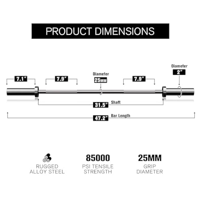 RITFIT Olympic Barbell 4ft/4.8ft/6ft - 2 Inch Weight Bar for Strength Training, Weightlifting, Squat, Deadlift, Bench Press, Curl, Overhead Press - 350lbs/500lbs Capacity
