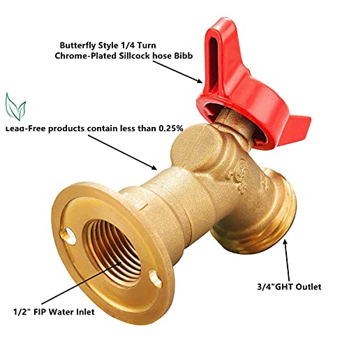 Pronese Lead-Free Soild Brass,Quarter Turn Sillcock Hose Bibb Outdoor Faucet with Flange, Wall Mount Faucet 3/4" GHT ×1/2" FIP Water Inlet,145 Degree Elbow Stop Valve Adapter & Boiler - Thumbnail 3