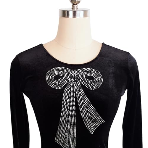 Vestido de patinação artística, arco brilhante strass manga longa veludo patinação artística competi