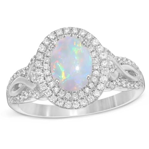 1.5 Carats Opal Rings for Women,925 Sterling Silver Dainty Opal Promise Ring for Her Double Frame Split Shank Opal Birthstone Ring Birthday Jewelry