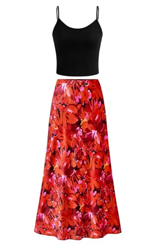 PRETTYGARDEN Spaghetti Strap Tank Top Summer Sets Women 2 Piece Outfits Floral Maxi Skirts for Women Trendy Beach Vacation