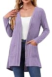 YuYukan Ladies Cardigans Knit Lightweight Long Sleeve Button Down Open Front Duster Long Cardigan for Women with Pockets Trendy Casual Work, Light Purple, Medium