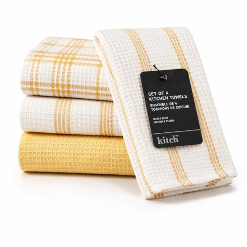 Image of Kitchen Towels Set of 4 Dish Towels Yellow n White Waffle Weave Cotton Hand Towels, 18 x 28 Absorbent Kitchen Linens