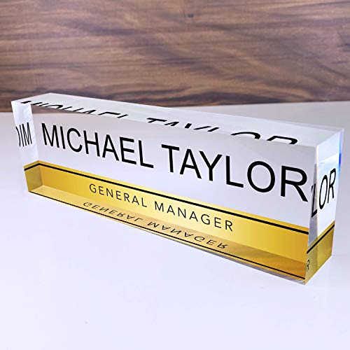 Artblox Personalized Name Plate for Desk | Gold Stripe On Clear Acrylic Glass | Custom Desk Name Plate Personalized with Name and Credentials for Teacher Phd Military Office Name Plate (8" X 2.5")