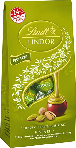 Lindt Schokolade LINDOR Kugeln Pistazie, Promotion | 137 g Beutel | ca. 10 Kugeln Vollmilchschokolade mit zartschmelzender Pistazien-Füllung | Pralinen-Geschenk | Schokoladen-Geschenk