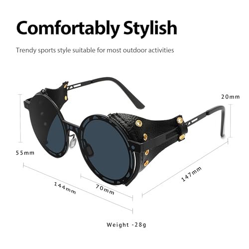 Technigadgets Julian Steampunk Sunglasses Retro Round Metal Frame With Leather Sideshield Mirrored Eyeglasses Mens Gift4