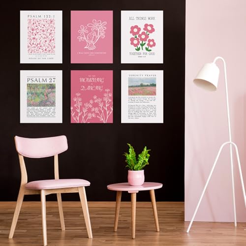 Image of Habseligkeit Pink Flower Wall Art Prints, Retro Wall Decors for Room Aesthtic, Abstract Posters for Girls Bedroom Decor Aesthetic Unframed, 8X10in, Set of 6