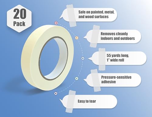 Image of Masking Tape, 1 Inch x 55 Yards, Bulk 20 Pack, White Beige Color, Adhesive Painting Tape, Bulk Pack General Purpose Masking Tape, 20 Rolls x 55 Yards, 1100 Total Yards (20 Pack)