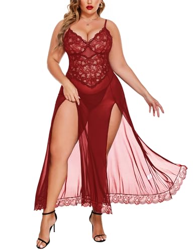 Image of Avidlove Plus Size Lingerie for Curvy Women Long Lace Babydoll Nightdress | V neck sheer mesh nightgown,g-string included,high side slits,adjustable straps,curve-flattering fit,maternity photoshoot