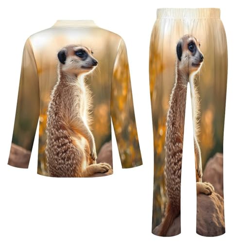 Meerkat Mens Pajamas Set Long Sleeve Sleepwear 2 Piece Button Down Lounge Set4