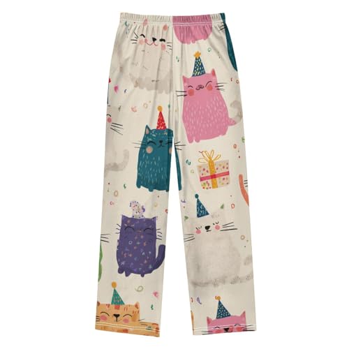 Birthday Cat Print Boys Long Pants Soft Trousers Elastic Waist Kids Lounge Bottoms with Pockets S-XL2