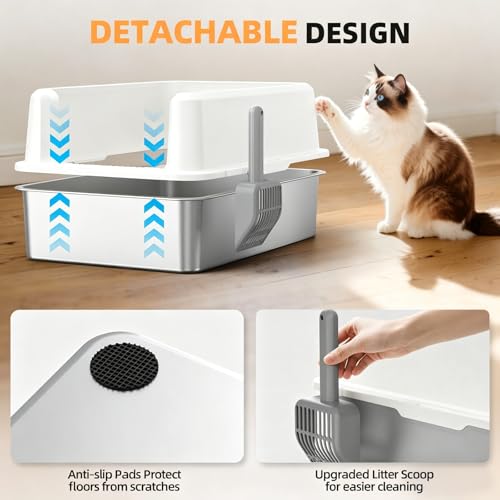 Image of WoofiGo Stainless Steel Cat Litter Box with Lid, XXL Large Metal Kitty Litter Box Enclosed for Big Cats, High Sided, Anti-Urine Leakage, Non-Stick Bottom, Include Scoop (White)