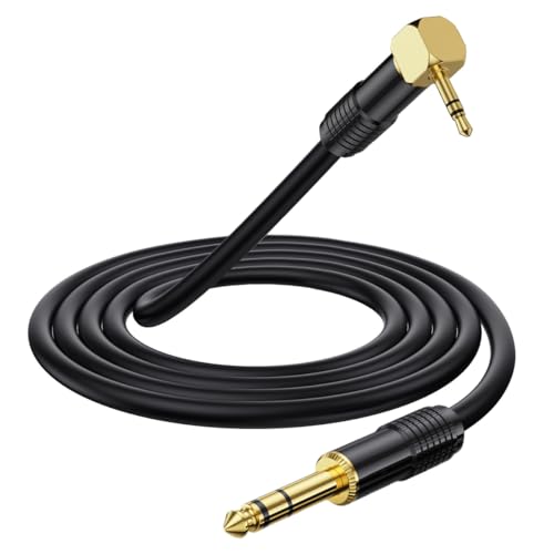 HTGuoji Right Angle 90Degree 3.5mm to 6.35mm Audio Cable, Gold 6.35mm 1/4" Inch Jack Male TRS Stereo To 3.5mm 1/8" Male TRS Audio Cable Adapter for Laptop, Home Theater Devices, Cellphone (1.8 Meter)