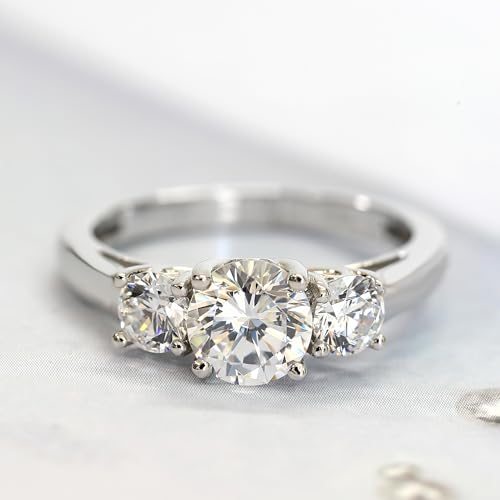 DoubleAccent Sterling Silver Rhodium Plated, Wedding Ring Round CZ Three Stone Engagement Ring2