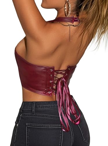 Women's Y2K Leather Halter Top Backless Corset Bustier Top Lace Up Sexy Going Out Crop Tank Halter Neck Party Club2