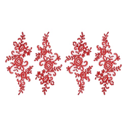QUARKZMAN 4 Pcs Aplicaciones De Encaje Floral Encaje Bordado 3D Parches Para Coser Adornos Para Vestido De Novia Boda Ropa DIY Manualidades Accesorios Decoración Rojo (23cm)