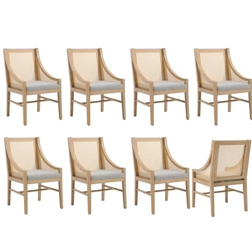 CIMOTA Rattan Mid Century Farmhouse Dining Chairs Set of 8 Fabric Linen Upholstered Dining Room Chairs with Cane High Back Wooden Coastal Kitchen Chairs for Rustic Restaurant, Grey