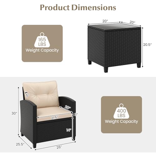 Image of Tangkula 3 Piece Patio Furniture Set, Rattan Conversation Set w /Soft Seat & Back Cushions, Tempered Glass Topped Coffee Table, Cushioned Wicker Seating Set for Backyard, Porch, Poolside (Beige)