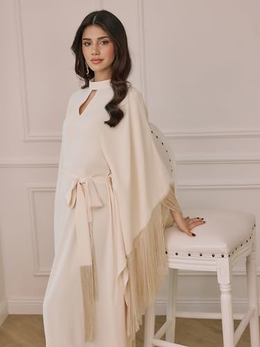 CIDER Maxi Dress Fringe Knotted Stand Neckline Long Sleeve Middle Waist Oversized Fit Casual Vacation Elegant Dress2