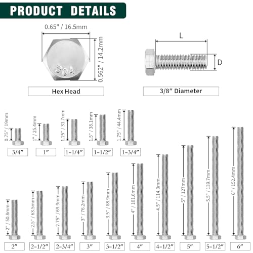 Image of (5 Sets) 3 /8-16 x 4-1 /2 inch Hex Bolt and Nut Kit, 304 Stainless Steel (18-8), Fully Threaded, Flat & Lock Washers Included