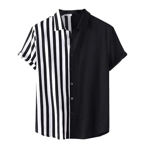 Mens Short Sleeve Button Down Shirt Casual Summer Striped Shirts Patchwork Hawaiian Print Beach Top