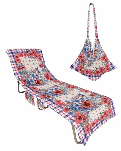 4th of July Floral Beach Lounge Chair Towel Cover, Soft Chaise Lounge Towel with Side Pockets Patio Pool Chairs Cover for Beach/Pool Sunbathing 29x85 Blue Red Plaid Independence Day