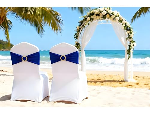 Image of Royal Blue Chair Sashes 50 Pack, Spandex Blue Chair Bows with Gold Buckle for Wedding Decoration, Stretch Blue Chairs Bands for Party Banquet Gender Reveal Decor