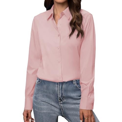 Image of LXEASYGO Womens Shirts Long Sleeve Regular Fit Button Down Stretch Work Shirt Business Office Casual Blouse for Ladies (UK, Alpha, M, Regular, Regular, Pink)