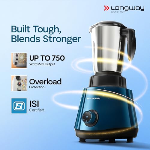 Image of Longway Super Pro Juicer Mixer Grinder | Up to 750W Max Output Powerful Motor | 4 Jars for Grinding, Mixing, Juicing | 2 Years Warranty (Blue & Black)