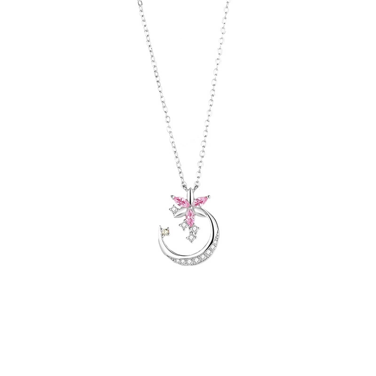 Collane Oro Bianco, Collana Donna Lunga Vintage Zaffiro Rosa Creato In Laboratorio Catenina Oro Bianco 9K/14K/18K con Moissanite Fiore e Luna