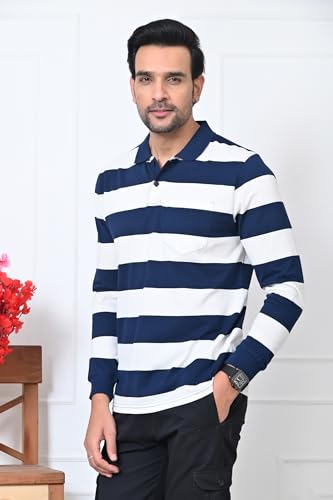 Image of ARBOUR Men Polo Neck Stripes Pocket Full Sleeves T-Shirt