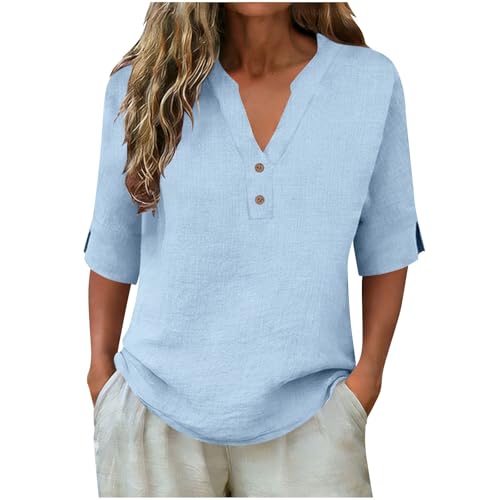 Linen Button Down Shirt for Women Light Blue M - V Neck 3/4 Sleeve Loose Fit Cotton Tops Linen Casual Dressy Clothes for Summer 2026