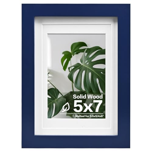 Egofine 5x7 Picture Frame Made of Solid Wood Covered by Plexiglass Display Pictures 3.5x5/4x6 with Mat or 5x7 Without Mat for Table Top Display and Wall Mounting Photo Frame Navy Blue